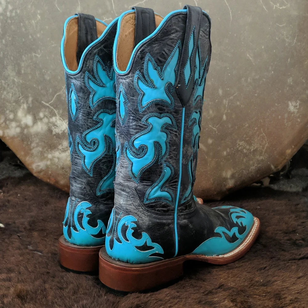 JOHNNY RINGO E1385 charcoal gray & turquoise wing tip boots square toe sz 6.5B - Picture 5 of 16